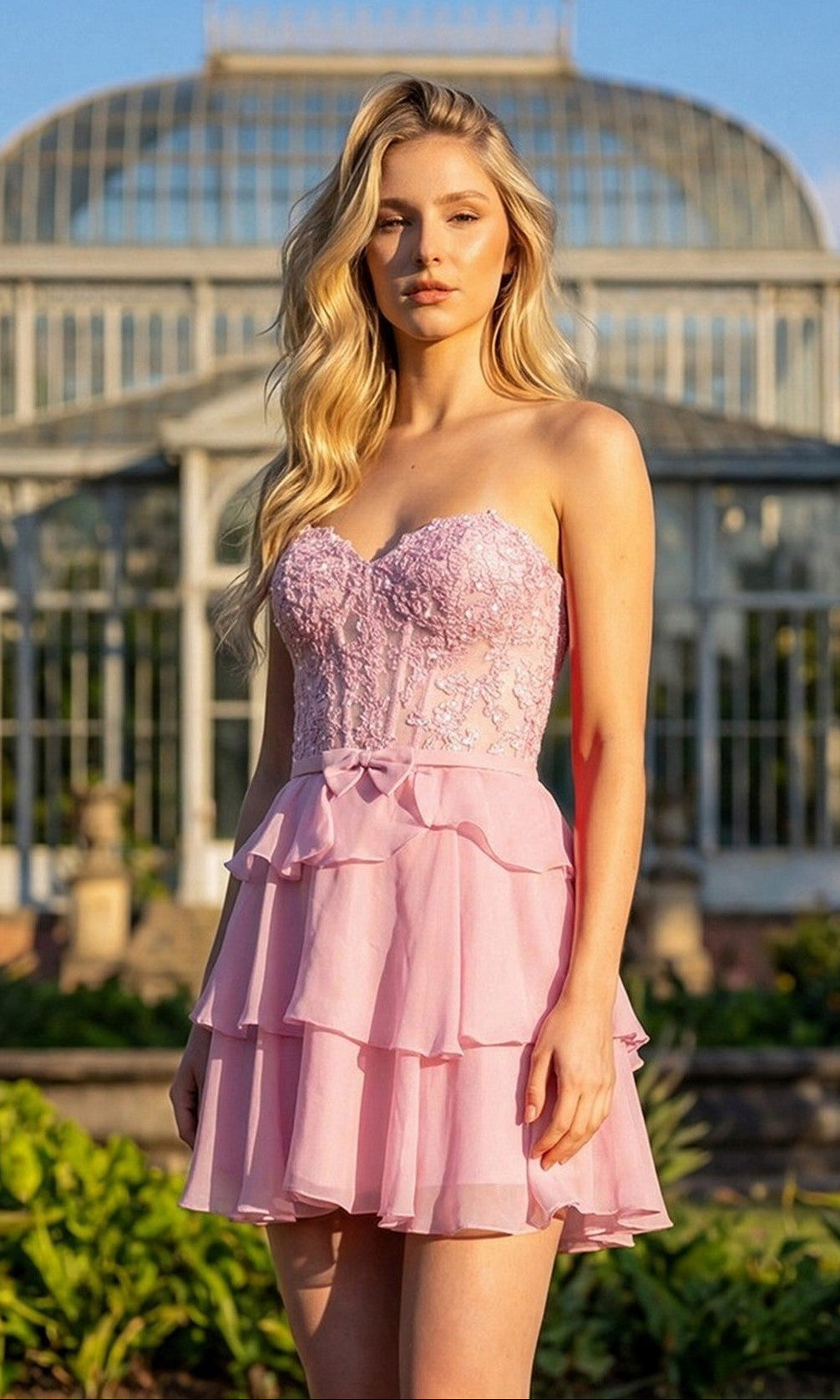 A person with long blonde hair wears the Juliet JT7131G short homecoming dress in Candy Pink, featuring a strapless, layered chiffon A-line skirt, while standing outdoors in front of a large glass conservatory.